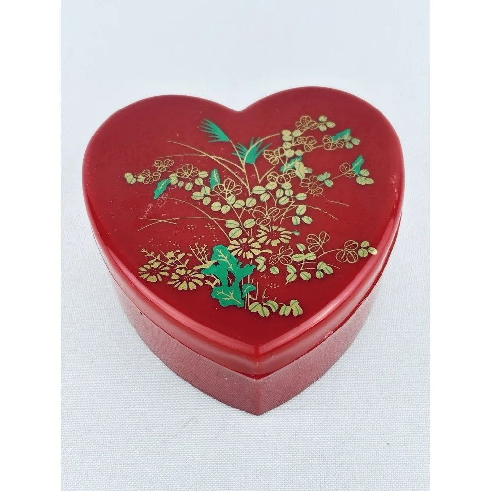 Vintage Red Nesting Heart Trinket Boxes Hong Kong - Plastic Floral Flowers Set 3